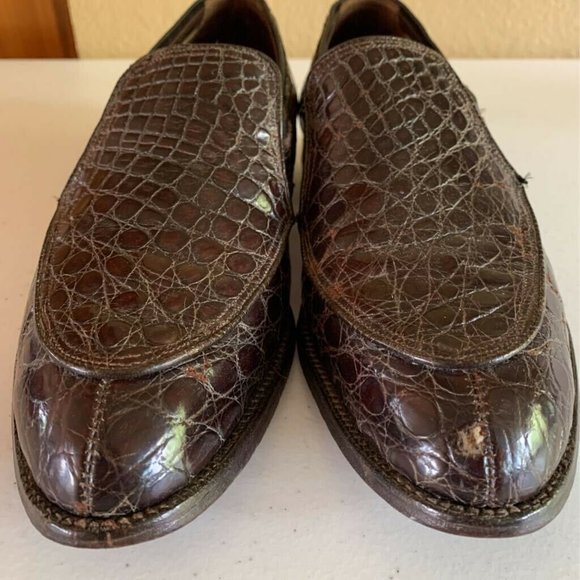 Mens Loafer Dress Shoes Brown Alligator Leather Split Toe Apron Slip On 12.5
